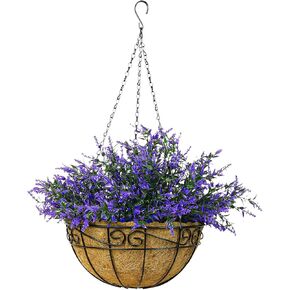 CEWOR Artificial Hanging Flowers with Basket, Outdoors Fake Flowers Plants, 12pcs Artificial Flowers UV Resistant with Coconut Lining Basket for Patio Garden Porch Decor (Mix Color)