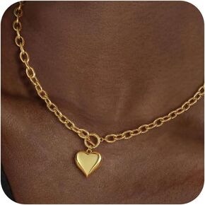 18K Gold Plated Necklace for Women, Heart Pendant Necklace Chunky Paperclip Choker Necklace for Gifts on Birthday Holidays Jewelry for Women