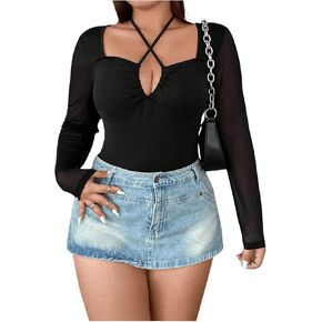 SHENHE Women's Plus Size Crisscross Halter Top Mesh Long Sleeve Tshirt Deep V Fitted Sexy Top
