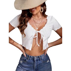 SweatyRocks Women's Tie Front Short Sleeve V Neck T Shirts Lettuce Trim Cropped Tops