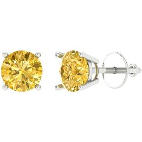1.0 ct Brilliant Round Cut Solitaire VVS1 Yellow Simulated Diamond Pair of Stud Earrings Solid 18K White Gold Screw Back