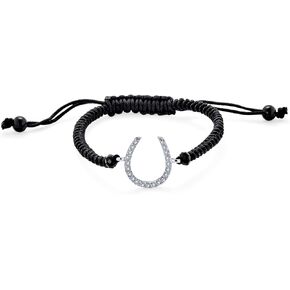 Lucky Horseshoe Blue Evil Eye Black Bracelet Braided Cord For Women teens CZ Cubic Zirconia .925 Sterling Silver Adjustable
