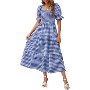ZESICA Women's Bohemian Summer Plaid Square Neck Puff Sleeve Ruffle Flowy Beach Midi Dress