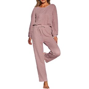 CUPSHE Women's Ribbed Waffle Rib Knit 2 Piece Pajamas Lounge Set Long Sleeve Top and Pants Pink