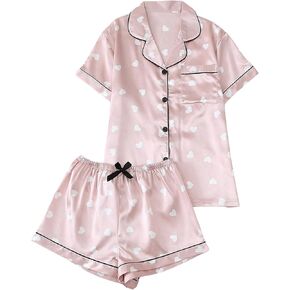 Verdusa Women's 2pcs Satin Pajama Set Printed Short Sleeve Button Front Shirts and Bow Shorts Sleepwear