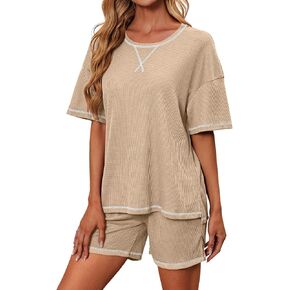 GEMLON Womens Pajama Sets Waffle Knit Short Sleeve Lounge Set 2 Piece Sleepwear Loungewear Sets Matching Set