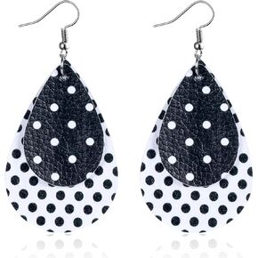 Polka Dot Earrings for Women Leather Black and White Dangle Jewelry Outfits Accessories