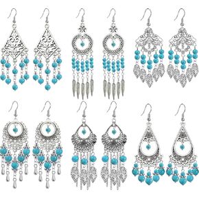 6 Pairs Bohemian Turquoise Dangle Earrings for Women Antique Silver Teardrop Tassel Long Earrings Boho Vintage Jewelry Set