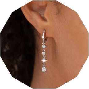Gold Dangle Earrings for Women 925 Sterling Silver Hoop Earrings Teardrop Pendant Cubic Zircon Diamond Drop Earrings Lightweight Hypoallergenic Piercing Earrings Trendy Jewelry