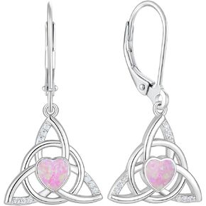 Celtic Knot Leverback Earrings Sterling Silver Triangle Trinity Knot Earring Heart Created Opal Dangle Drop Jewelry for Women
