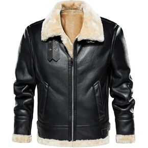 HOOD CREW Men’s Faux Leather Jacket Vintage Bomber Jacket with Artificial Fur Lining Warm Winter Leather Coat