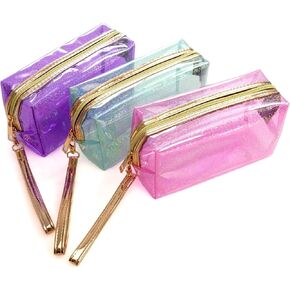 YunZh 3Pcs Waterproof Cosmetic Bags, PVC Transparent Zippered Toiletry Bag, Clear Portable Toiletries Travel Bag Set for Makeup, Brushes, Women Girls