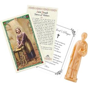 Small St Joseph The Worker Statue (3.5 Inch) with Laminated St Joseph Prayer Card, The Lord's Prayer Card | Saint Joseph The Worker Statue Figurine, Patron Saint of Workers, Employment |3 Items Set