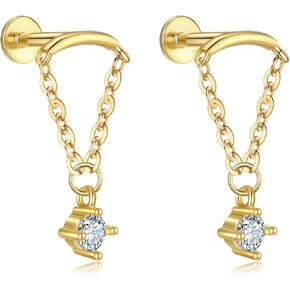 Gold Helix Earrings for Women Flat Back Earrings Hidden Helix Earring Dangle Pearl Drop Tassel Chain Earring 2Pcs Cartilage Studs Silver Flower Marquise CZ Sparkling Earrings Jewelry Gift