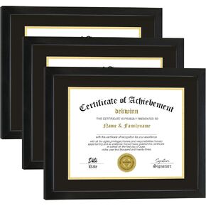 Diploma Frames 8.5x11 with Mat or 11x14 without Mat,Set of 3 Certificate Document Frame with Real Glass for Wall and Tabletop Display in Black(Black/Gold Double Mat)
