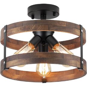 4-Light Large Rustic Farmhouse Flush Mount Ceiling Light Fixture 16.5 inch Oak Wood Round Drum Semi Flush Mount Ceiling Light for Bedroom Hallway Entry Dining Farmhouse Living Room, Black
