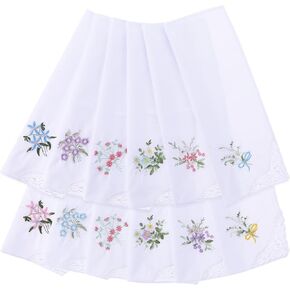 12pcs Handkerchiefs for Women, Vintage Floral Lace Handkerchiefs White Soft Cotton Women's Handkerchiefs Embroidery Ladies Hankies, Machine Wash Sweat Handkerchiefs Bulk for Women Wedding Party