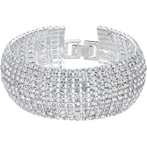 Sparkly Silver Plated Rhinestone Crystal Wide Multilayer Chain Bracelet for Women Wedding Prom Costume Jewelry