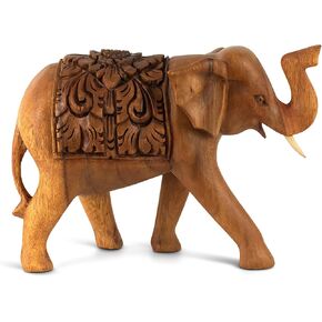 Wooden Hand Carved Elephant Statue Figurine Sculpture Art Decorative Rustic Home Decor Accent Handmade Handcrafted Decoration Wood Thai Elephant (6" Long)