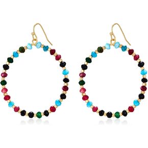 Beaded Hoop Dangle Earrings for Women Bohemian Multi Color Stone Beaded Earrings Colorful Handmade Round Boho Drop Earrings