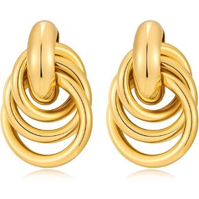 Chunky Gold Knot Earrings for Women - Geometric Dangle Drop Jewelry Big Long Twisted Link Statement Gifts