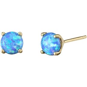 Peora 14K Yellow Gold Created Blue Fire Opal Stud Earrings for Women, Hypoallergenic Solitaire Round Shape, 6mm, 1 Carat total, October Birthstone, Friction Back, Dainty, Iridescent Earrings