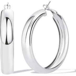 18K Golden Plated Hoops Earrings for Womens Big 7mm Wide Thick Hoop Earrings 925 Sterling Silver Large Chunky Hoop Earrings Lightweight Hypoallergenic Non Tarnish Jewelry Gifts