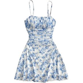 Floerns Women's Plus Size Boho Floral Cami Dress Ruched Bust Flare Ruffle Hem Short Dress