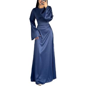 xxxiticat Women's Silk Satin Long Dress Long Sleeve Round Neck Back Lace Up Bandage Tie Wedding Party Maxi Dresses