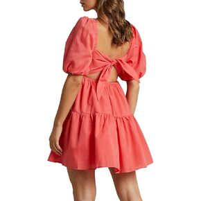 OWNGIGI Women's Summer Dress Square Neck Puffy Short Sleeve Loose Tie Back Casual A-Line Mini Dresses