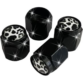 4Pcs Black Cow Print Tire Valve Stem Caps Cover Metal Air Valve Cap Aluminum Car Wheel Stem Caps Universal Stem Covers for Cars Trucks Bikes Motorcycles Corrosion Resistant Tire Valve Stem Caps