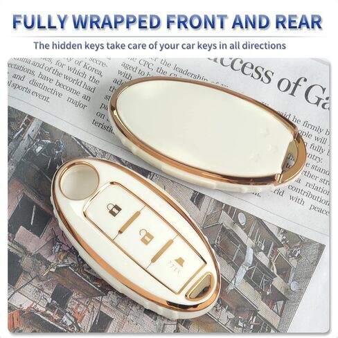 White TPU Gold Edge Key Fob Case Cover for Infiniti EX FX X G JX M Q QX Series for Nissan Altima Coupe Armada GT-R Maxima Murano Cross CABRIOLET Pathfinder Rogue in Kuwait