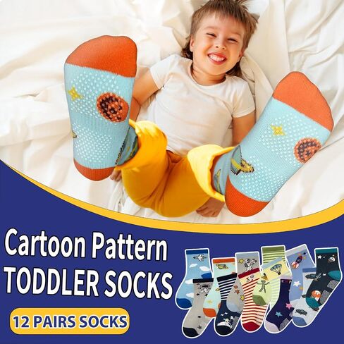 HYCLES Anti Slip Toddler Socks, 12 Pairs Non-Skid Cotton Grip Kid Socks for 1-7T Boy Girl 6-12 Month Baby in Saudi Arabia