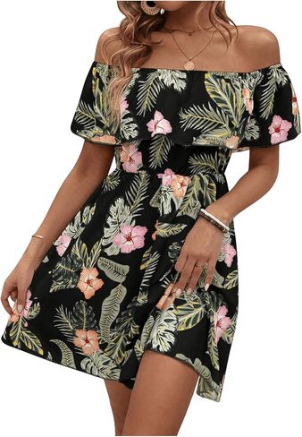 SHENHE Women's Off Shoulder Ruffle Trim Floral Tropical Dress A Line Flowy Mini Dress in Saudi Arabia
