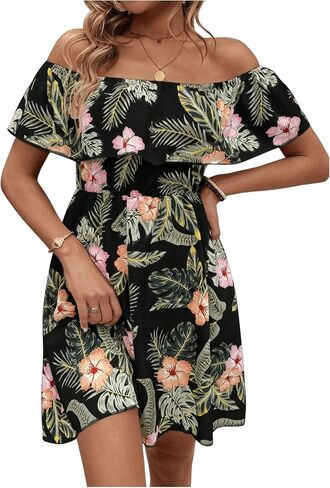 SHENHE Women's Off Shoulder Ruffle Trim Floral Tropical Dress A Line Flowy Mini Dress in Saudi Arabia