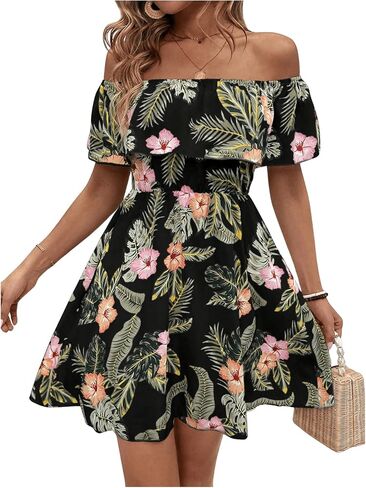 SHENHE Women's Off Shoulder Ruffle Trim Floral Tropical Dress A Line Flowy Mini Dress in Saudi Arabia