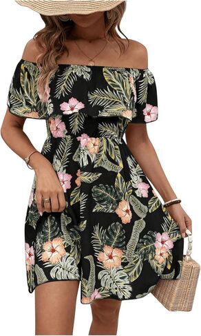 SHENHE Women's Off Shoulder Ruffle Trim Floral Tropical Dress A Line Flowy Mini Dress in Saudi Arabia