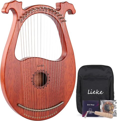 LIEKE Lyre Harp 16 Strings with Bag Tuning Wrench,Metal Strings,Mahogany Body and Copper Saddle,Professional Lyre Harp instrument for Beginner Musician in Kuwait