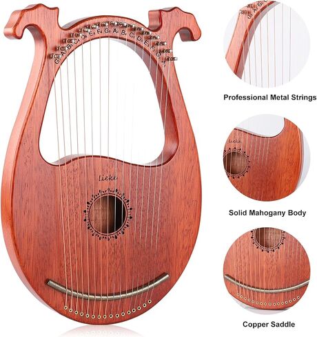 LIEKE Lyre Harp 16 Strings with Bag Tuning Wrench,Metal Strings,Mahogany Body and Copper Saddle,Professional Lyre Harp instrument for Beginner Musician in Kuwait