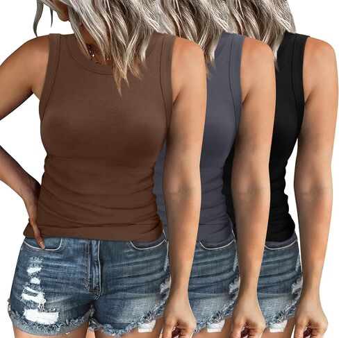 XIEERDUO Womens Summer Tank Tops Racerback High Neck Basic Casual Slim Fit Sleeveless 3 Pack in Kuwait