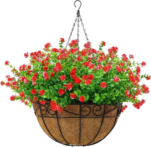 CEWOR Artificial Hanging Flowers with Basket, Outdoors Fake Flowers Plants, 12pcs Artificial Flowers UV Resistant with Coconut Lining Basket for Patio Garden Porch Decor (Mix Color) in Saudi Arabia