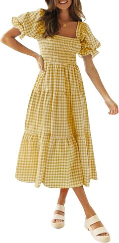 ZESICA Women's Bohemian Summer Plaid Square Neck Puff Sleeve Ruffle Flowy Beach Midi Dress in Saudi Arabia