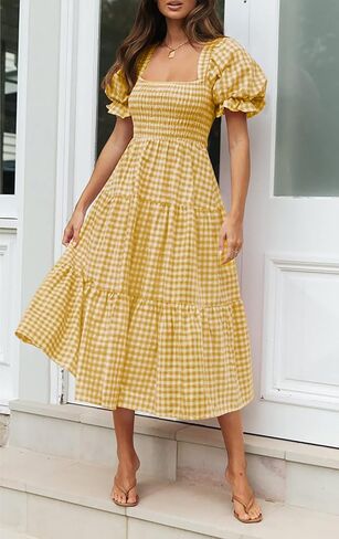 ZESICA Women's Bohemian Summer Plaid Square Neck Puff Sleeve Ruffle Flowy Beach Midi Dress in Saudi Arabia