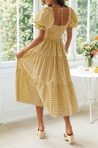 ZESICA Women's Bohemian Summer Plaid Square Neck Puff Sleeve Ruffle Flowy Beach Midi Dress in Saudi Arabia