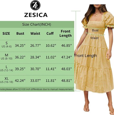 ZESICA Women's Bohemian Summer Plaid Square Neck Puff Sleeve Ruffle Flowy Beach Midi Dress in Saudi Arabia
