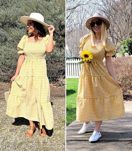 ZESICA Women's Bohemian Summer Plaid Square Neck Puff Sleeve Ruffle Flowy Beach Midi Dress in Saudi Arabia