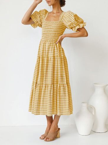 ZESICA Women's Bohemian Summer Plaid Square Neck Puff Sleeve Ruffle Flowy Beach Midi Dress in Saudi Arabia