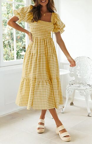 ZESICA Women's Bohemian Summer Plaid Square Neck Puff Sleeve Ruffle Flowy Beach Midi Dress in Saudi Arabia
