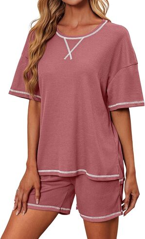 GEMLON Womens Pajama Sets Waffle Knit Short Sleeve Lounge Set 2 Piece Sleepwear Loungewear Sets Matching Set in Saudi Arabia