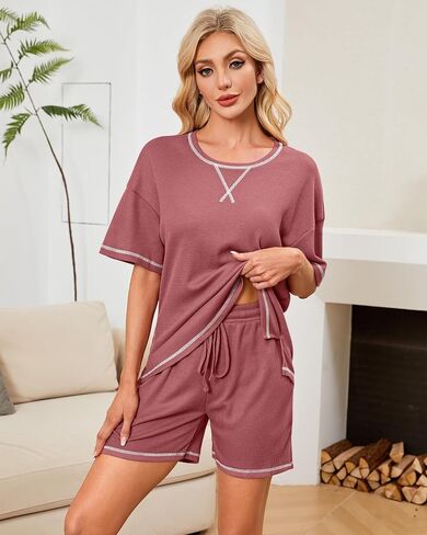 GEMLON Womens Pajama Sets Waffle Knit Short Sleeve Lounge Set 2 Piece Sleepwear Loungewear Sets Matching Set in Saudi Arabia